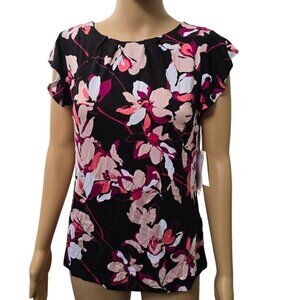 Liz Claiborne Womens redondo Neck Short Sleeve Blouse . Black Floral. Size XS